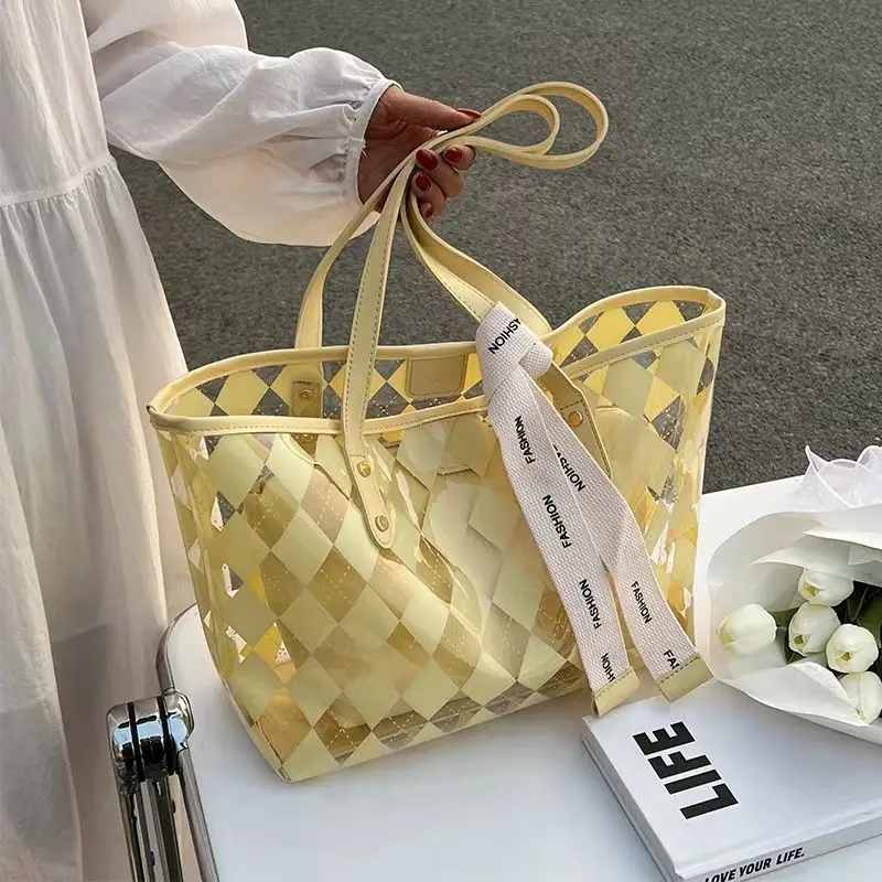 

Women's Tote Shopper Bag Summer Waterproof Beach Handbag PVC Reusable Shopping Purses Large Eco Friendly Plaid Lattice Pouch