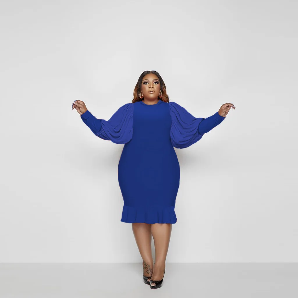 Plus Size Dresses O-Neck Long Sleeve Knee-length Solid Party Dresses Evening Dresses Lantern Sleeve Elegant Dresses for Women