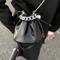 harajuku gothic concise chain shoulder bucket bag pu leather small crossbody bag women 2022 trendy female pouch satchel purse