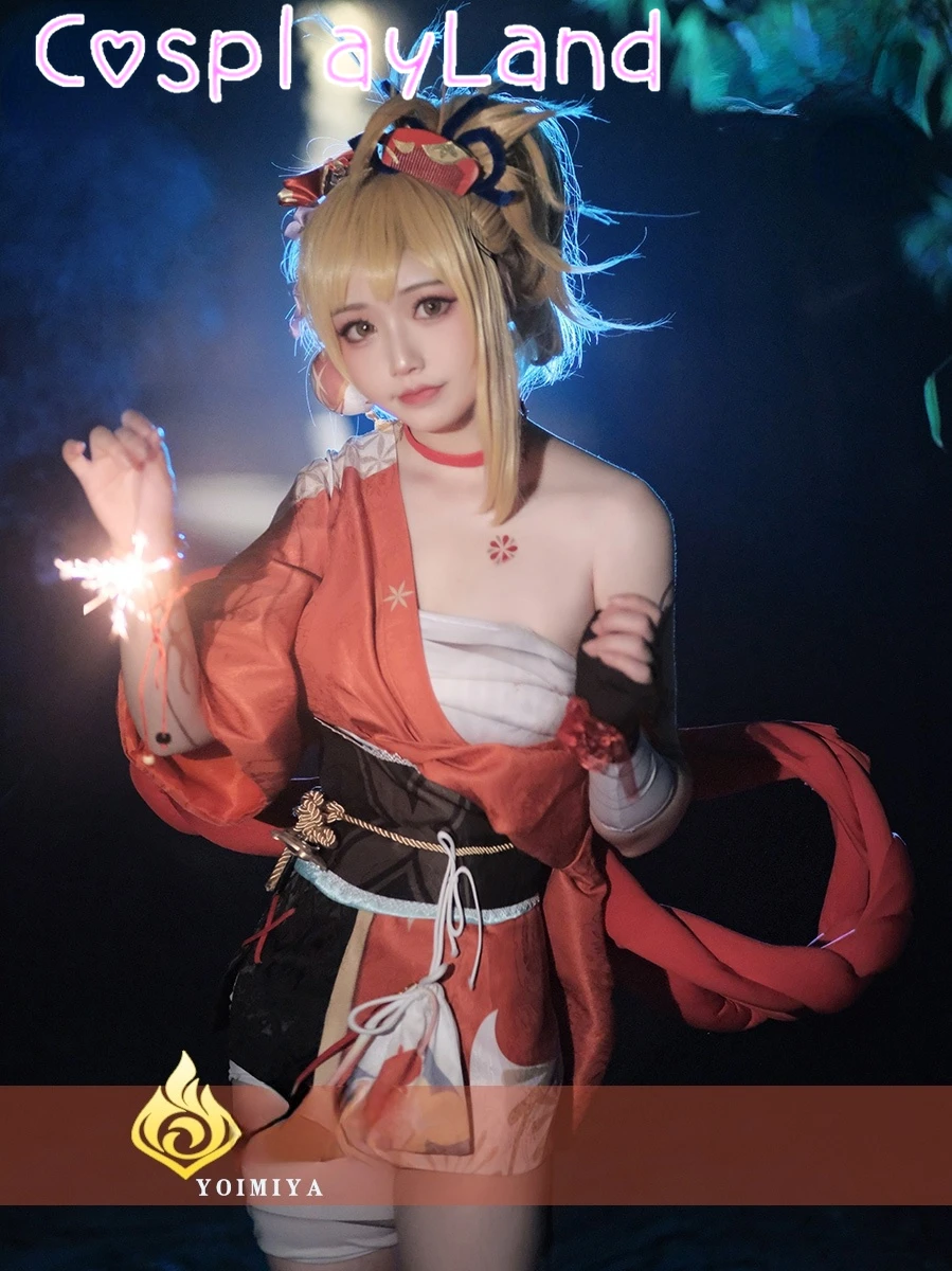 In Stock Genshin Impact Yoimiya Cosplay Costume Carnival Halloween Women Lolita Dress Hot Game Japan Kimono Outfit