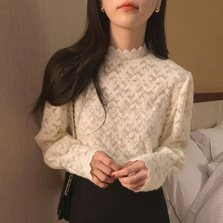 

Женская блузка корейский шикарный зимний кружевной воротник Рукава Кружевная нижняя рубашка Стиль