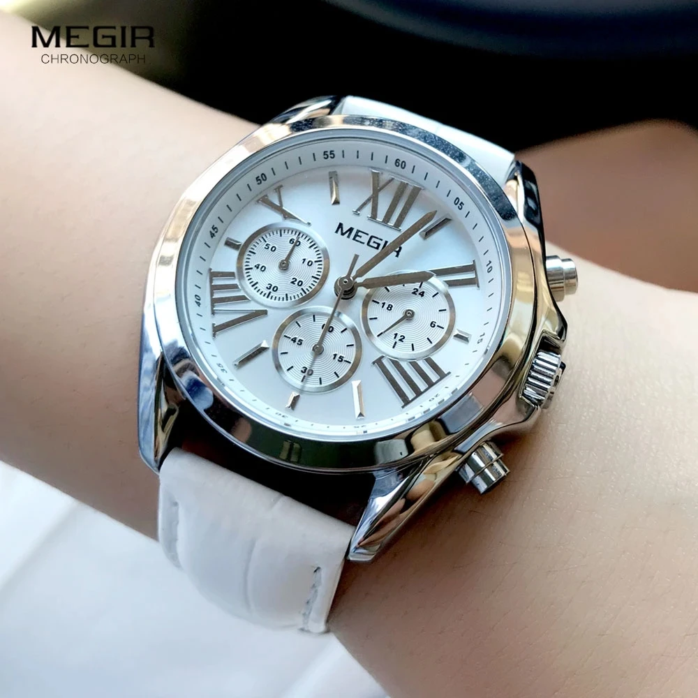 

MEGIR 2023 New Luxury Leather Watch Women Female Top Brand Chronograph Quartz Wristwatch Lady Relogios Femininos Clock 2114 Whit