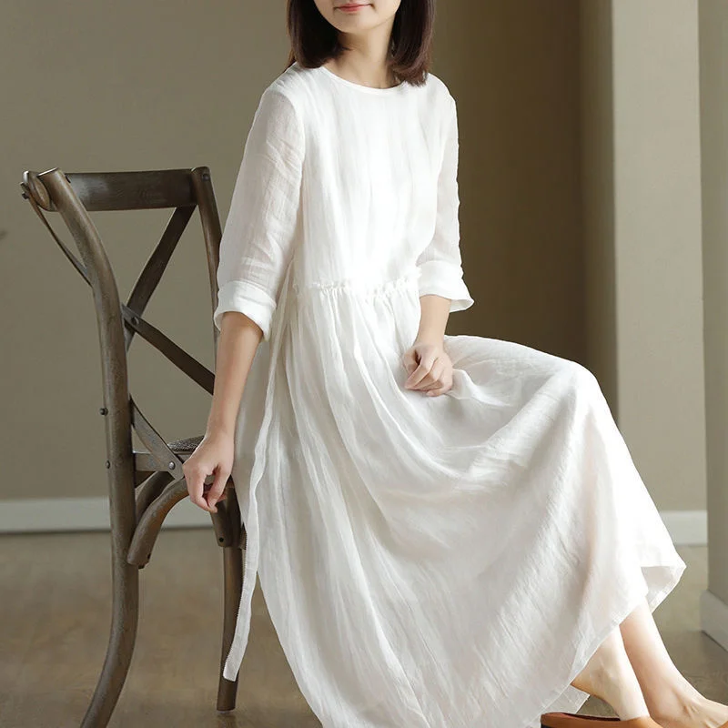 

Женское платье-макси с круглым вырезом, Длинное свободное белое платье с высокой талией, Повседневная пляжная одежда в богемном стиле, лето ...