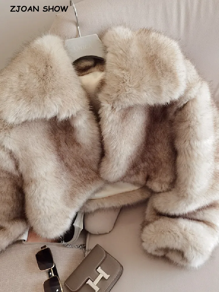 High quality Winter Retro Khaki Large Lapel Fur Coat Full Sleeve Shaggy Faux Fur Cropped Jacket Shawl Cape Extra Short Warm Coat