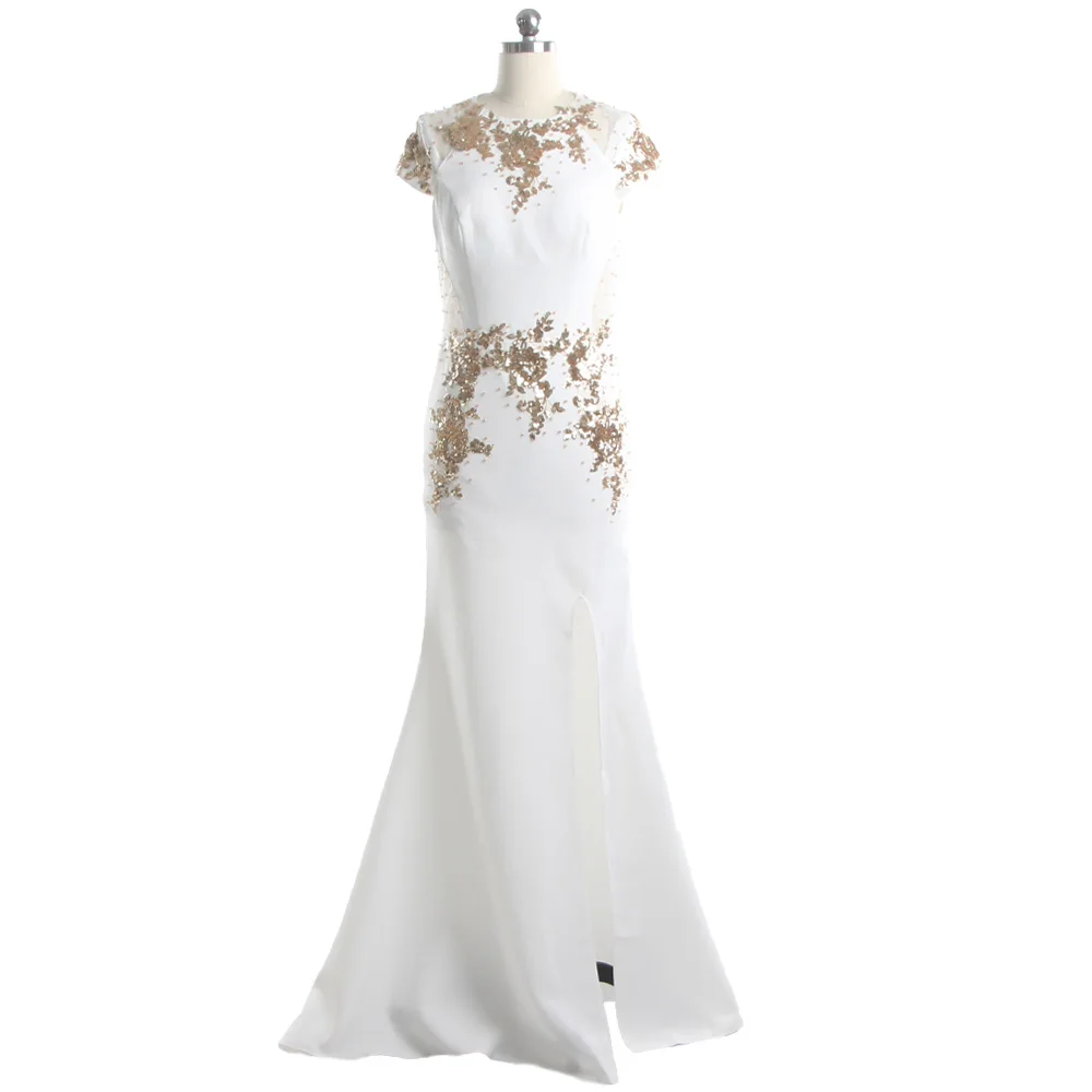 

Evening Dresses White Jersey O-neck Short Sleeves Golden Appliques Mermaid Trumpet Floor Length Plus Size Lady Party Dress F257