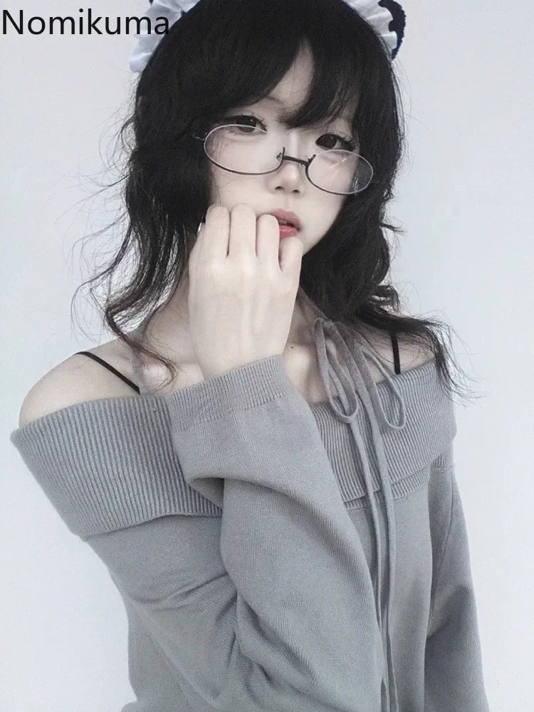 Женский японский свитер Sueter для женщин джемпер с воротником-лодочкой и открытыми