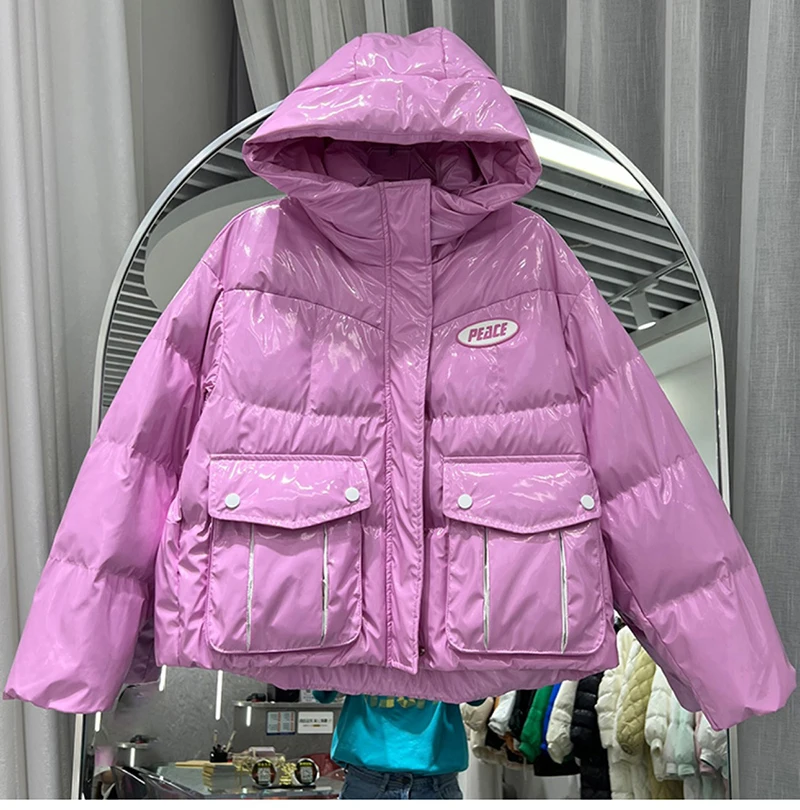 

2022 Winter Autumn New Luxury Bright Korean Fashion Hooded White Duck Down Coats Short Warm Winter Puffer Down Jacket Women