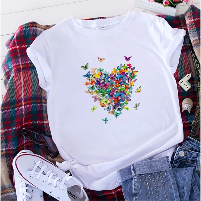 

LingMeng casual creative women's T-shirt love butterfly print short-sleeved loose sheep tops summer best-selling models