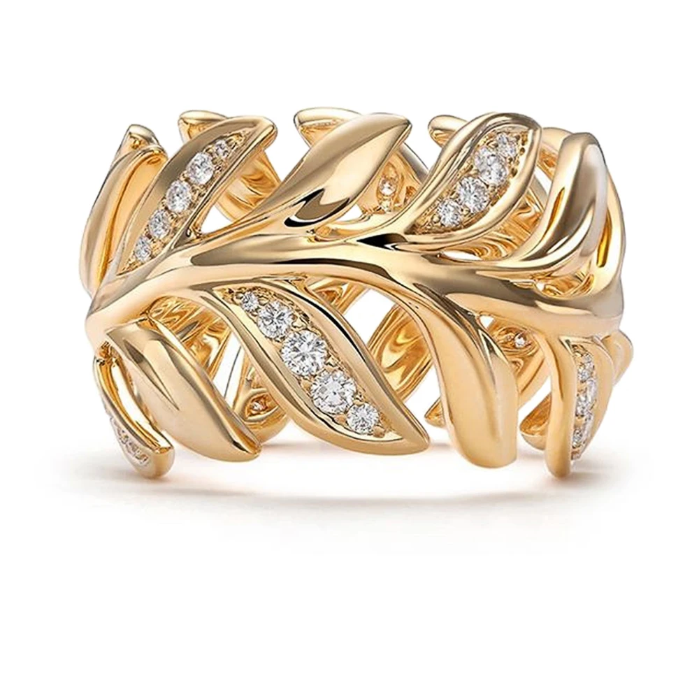 

Huitan New Trendy Gold Color Leaves Band Women Rings Inlaid CZ Metallic Versatile Girl Party Ring Daily Wearable Fashion Jewelry