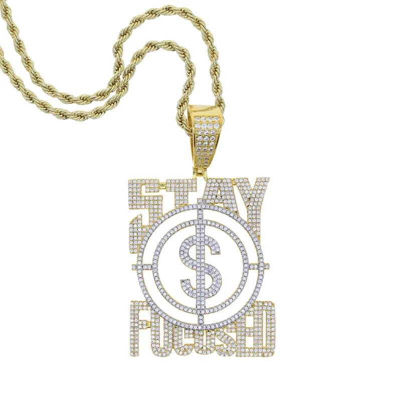 

Iced Out Bling Letters Stay Focused Pendant Necklaces Gold Color CZ Zircon US Dollar Money Charm Men's Women Hip Hop Jewelry