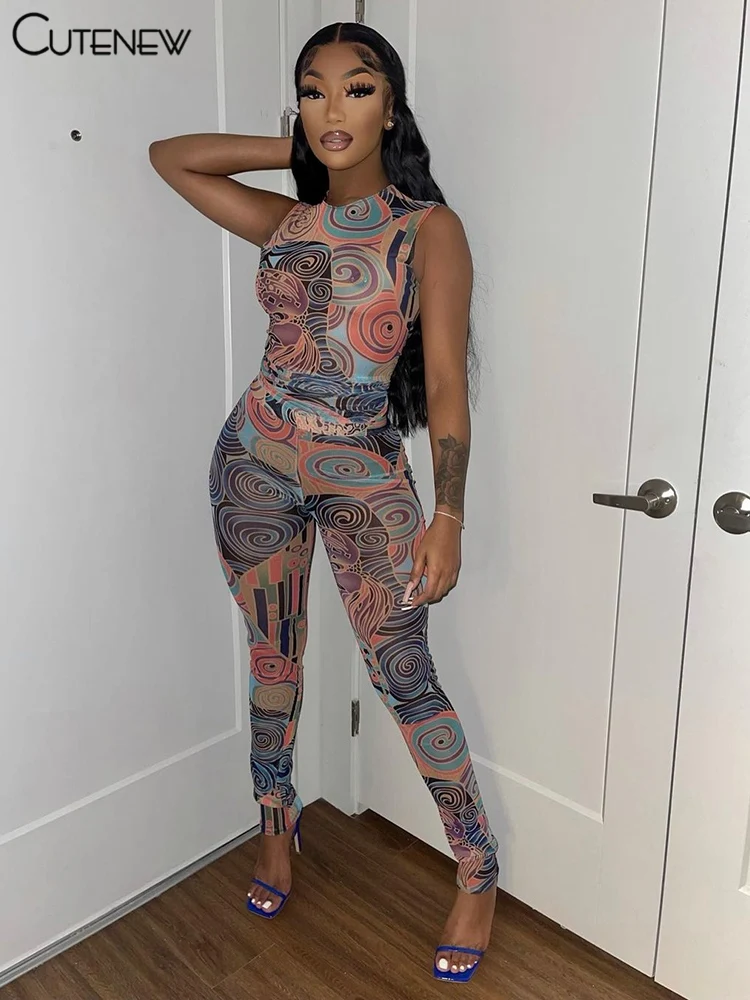 

Cutenew Sexy Mesh Aesthetic Print Two Piece Set Women Sleeveless O-Neck Top+Skinny High Waist Pants Matching Lady Party Clubwear