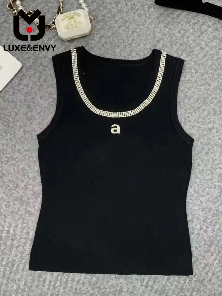 

LUXE&ENVY 2023 Summer New Wang Chain Letter Knitted Ice Silk Sleeveless Suspender Tank Top Women's Short Hot Girl Vest