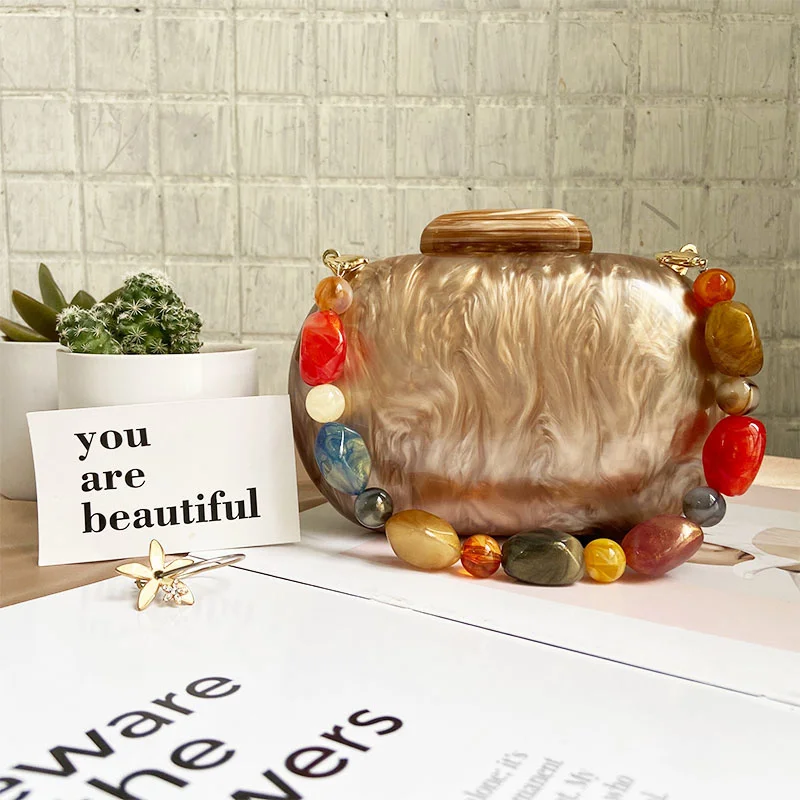 

Brand Fashion Wallet Women Acrylic Bags Cute Round Luxury Marble Solid Brown Evening Handbag Wedding Vintage Casual Clutch
