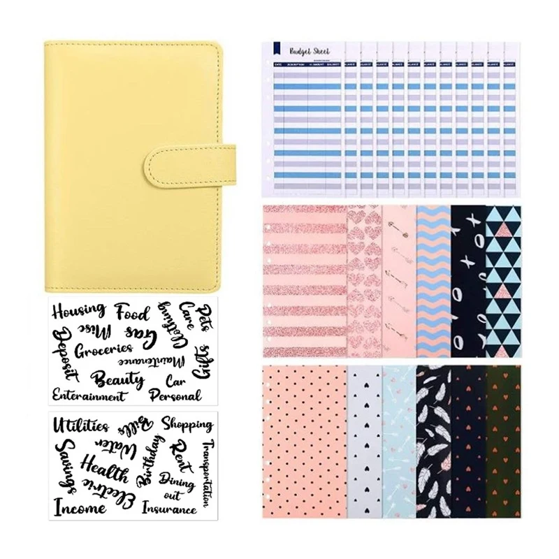 

A6 Binder Cover 6 Ring Binder Planner Budget Envelopes PU Leather Notebook Binder Budget Sheets For Bill Planner, Yellow