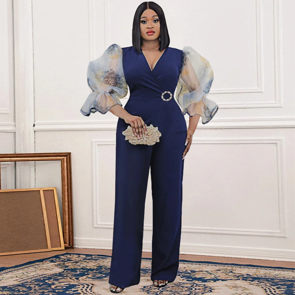 

Summer African Women Short Sleeve V-neck Polyester Long Jumpsuit African Clothes Women Plus Size Clothing for Women