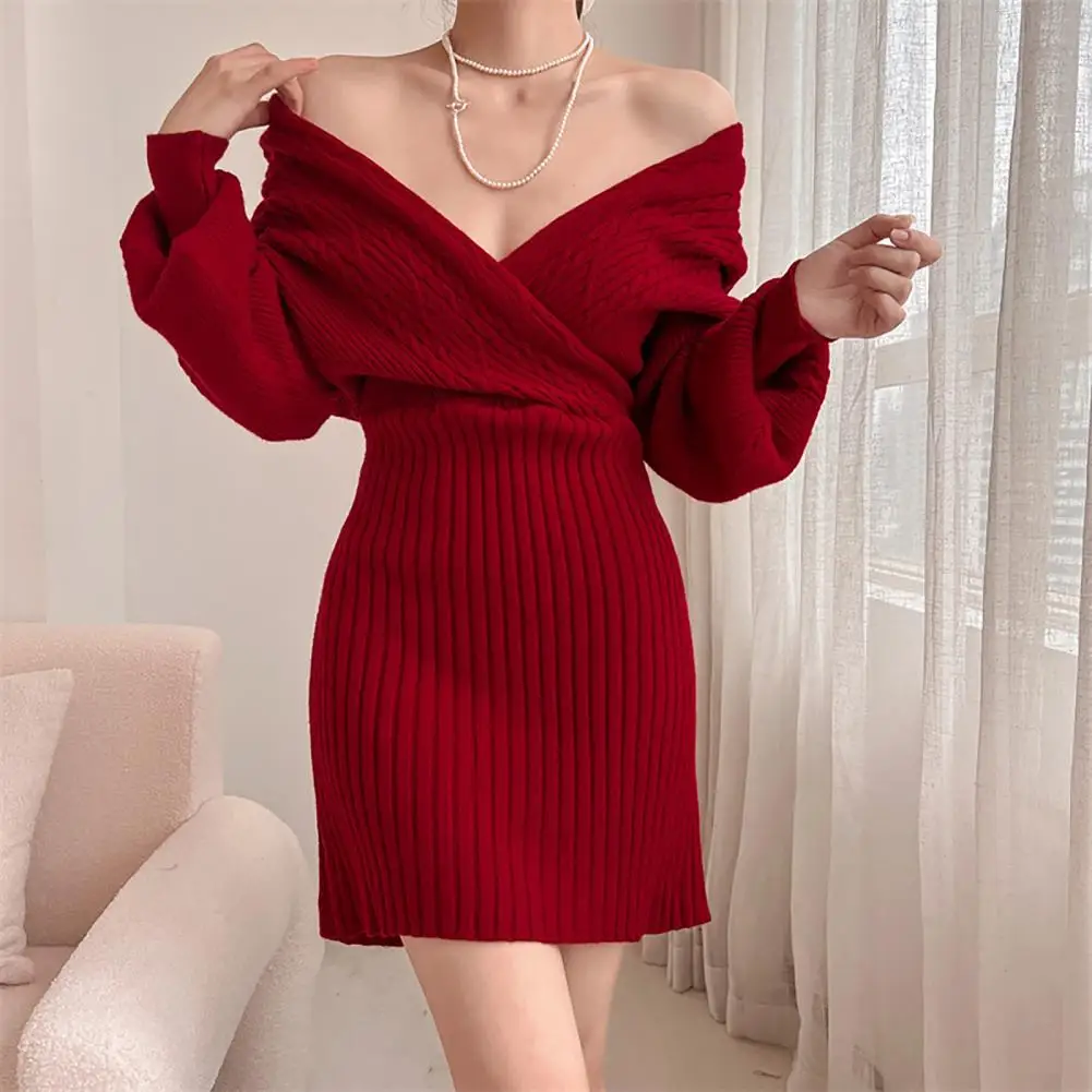 

Autumn Winter Sexy Chic Flattering Autumn/winter Bodycon Dresses V-neck Twist Texture High Waist Wrapped Knitting Designs Slim