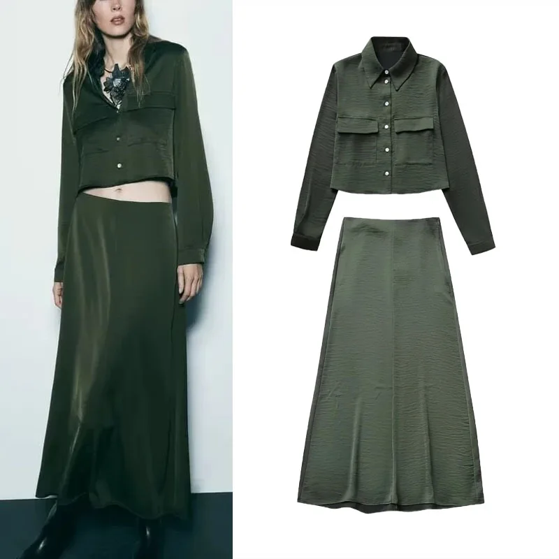 

TRAF Womens Satin Cropped Shirts Skirts 2 Piece Sets Fashion Pockets Lapel Button Shirt Woman Elegant A-line Midi Skirts Suits