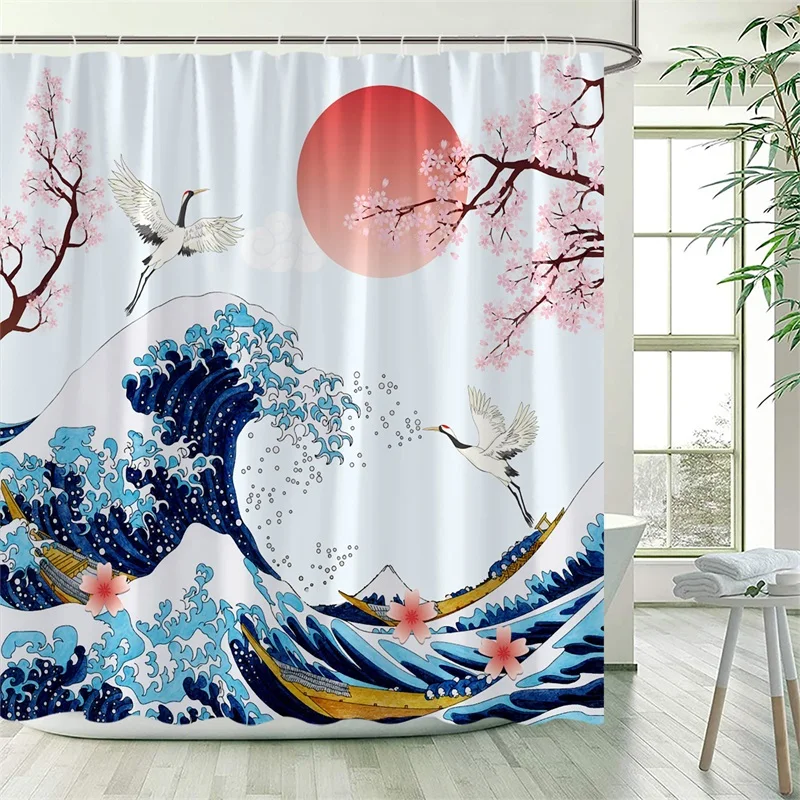 Занавески для душа в японском стиле солнце вишневый цвет белый журавль морские