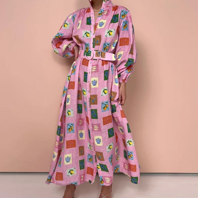 

Women Clothing 2023 Fashion Autumn Winter Long Printed Cardigan Waist with Belt Dress Vestidos