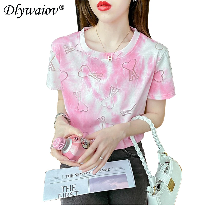 

Gradient printing Short Sleeve T-Shirt Female Korean O-neck T Shirt Women's 2022 Summer Casual hollow Tops clothes ladies Tees