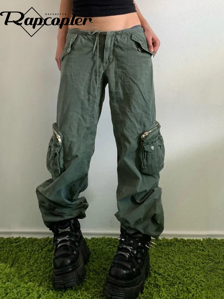 

Rapcopter Green Big Pockets Cargo Jeans Zipper Baggy y2k Grunge Punk Trousers Women Aesthetic Korean Sweatpants Fairycore 90s