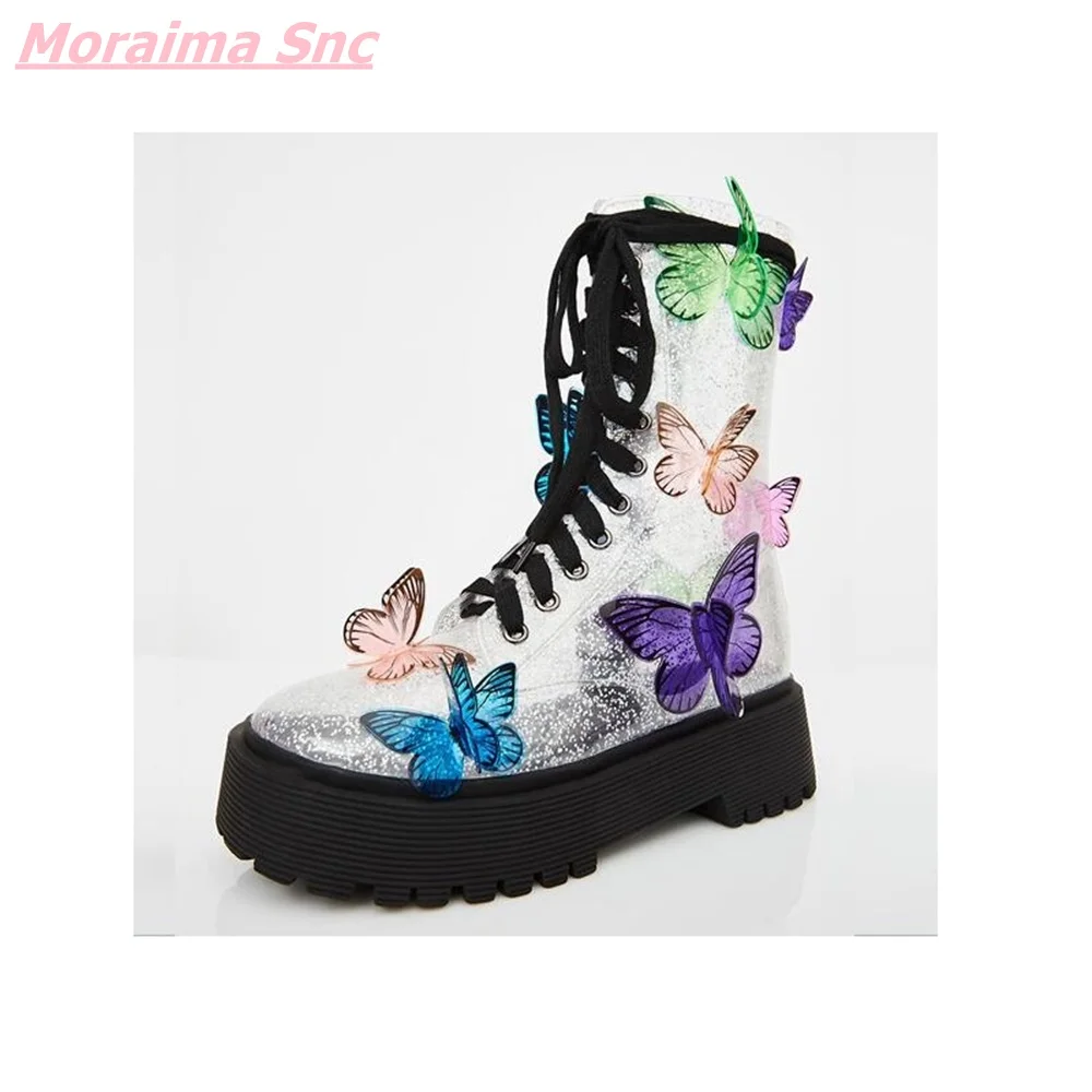 New Transparent PU Mid-Calf Boots Platform Colorful  Butterfly Comfortable Lace Up Round Toe Height Increasing Fashion Hottest