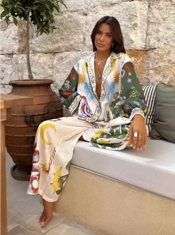 Повседневный принт 2024 женские модные костюмы осенние рубашки топы и винтажные