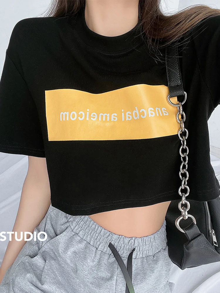 

Свободная футболка с надписью и французским принтом, Женский Ретро топ с коротким рукавом и круглым вырезом, сексуальный короткий топ F4ZZ