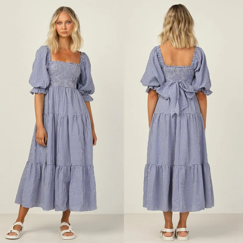 

European And American-Style2022Spring and Summer New Elastic Square Collar Plaid Puff Sleeve Midi Dress for Women