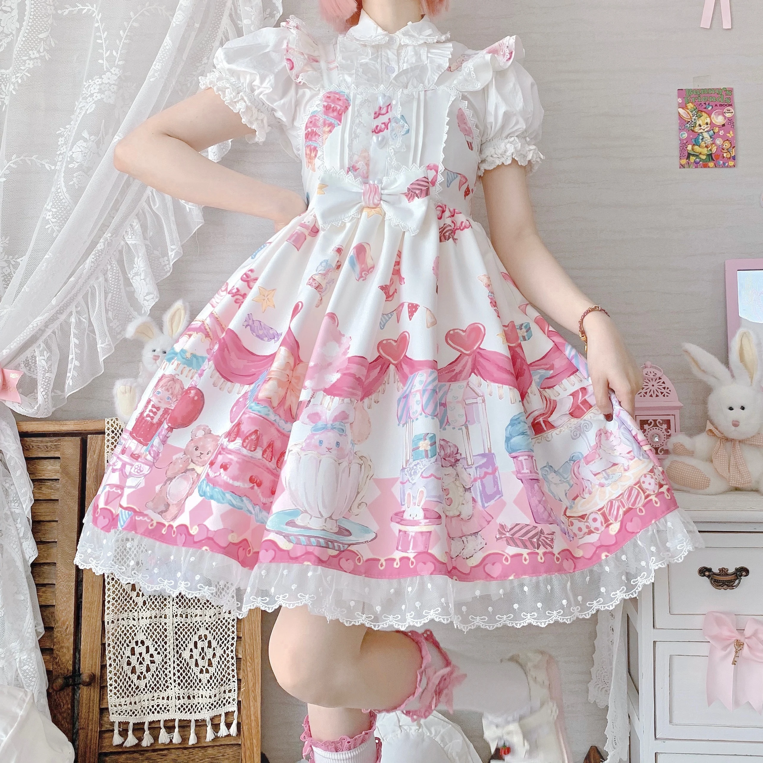 

Kawaii Lolita Dress Women Girls JSK Lolita Kawaii Cute Cartoo N Print Tea Party Dresses Ruffles Cosplay Summer Slip Dress