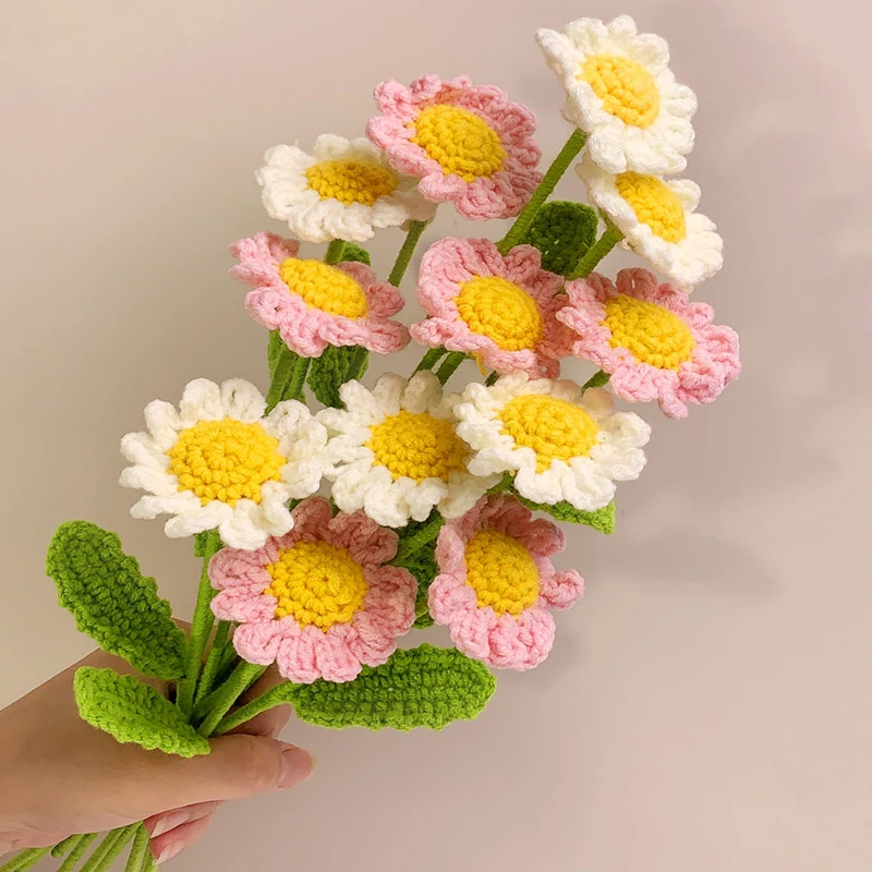 

1PC Handmade Yarn Hand-knitted Crochet Daisy Bouquet Finished Artificial Daisy Flowers Wedding Home Decoration Decorative