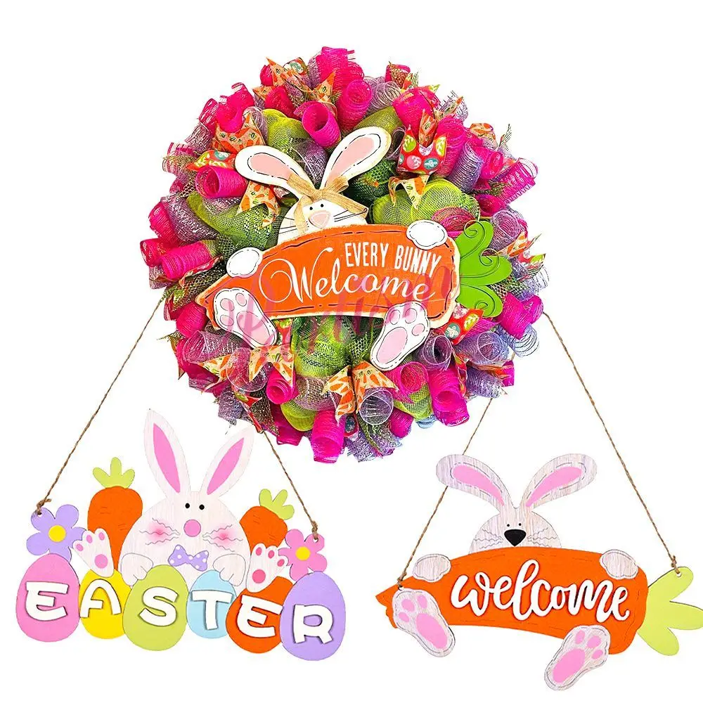 

1pc Happy Easter Wooden Rabbit Hanging Pendants Wood Ornament For Easter Home Door Decorations DIY Wreath Kids Crafts Supply