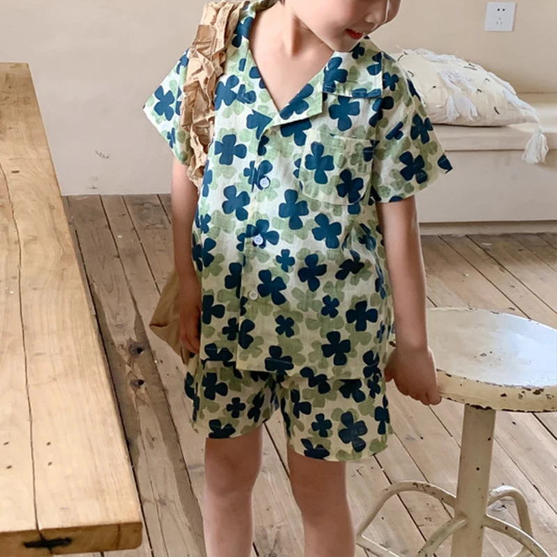 Criscky 2022 New Brother Sister Clothes Printed Sweet Girls Suspenders Long Skirt Boys Two Piece Suit Summer Boy's Suit