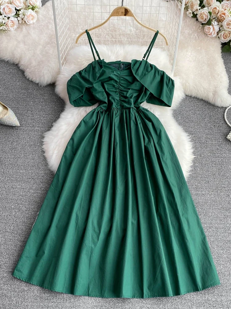 

Летнее Сексуальное Женское однотонное платье на бретелях-спагетти с оборками без бретелек FTLZZ элегантное приталенное платье средней длины ...