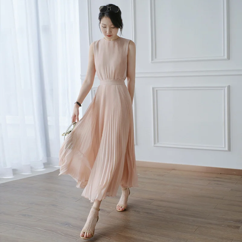 

Женское длинное шифоновое платье без рукавов, элегантное однотонное нежное плиссированное платье с высокой талией, лето