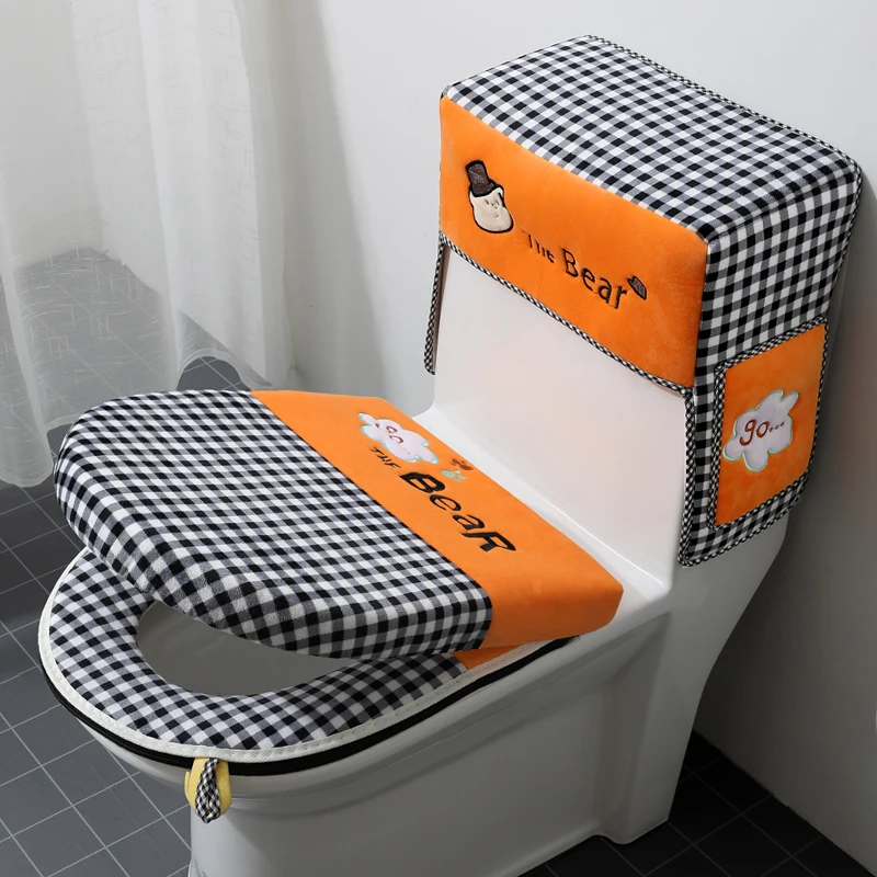 

Cartoon Latticed Toilet Seat Home Waterproof Four Seasons Universal Three-piece Zipper Toilet Seat Two-piece Cover Set