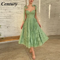centuey green lace midi prom dresses 2022 sweetheart bow straps corset boning a line wedding party dresses open back formal gown