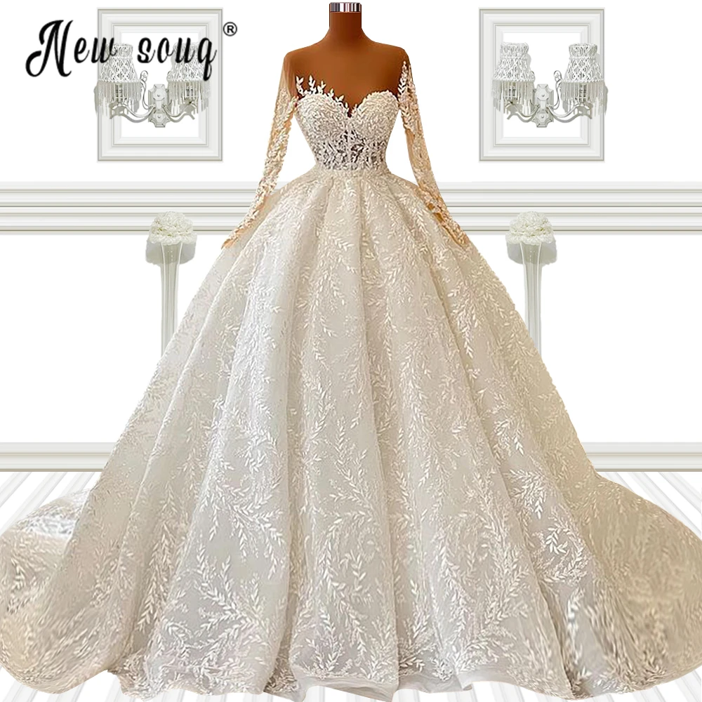 

Dubai Style White/Ivory Long Sleeve Sheer Neck Corset Wedding Dress Ball Gown Lace Pearls Bridal Gowns Plus Size Newest