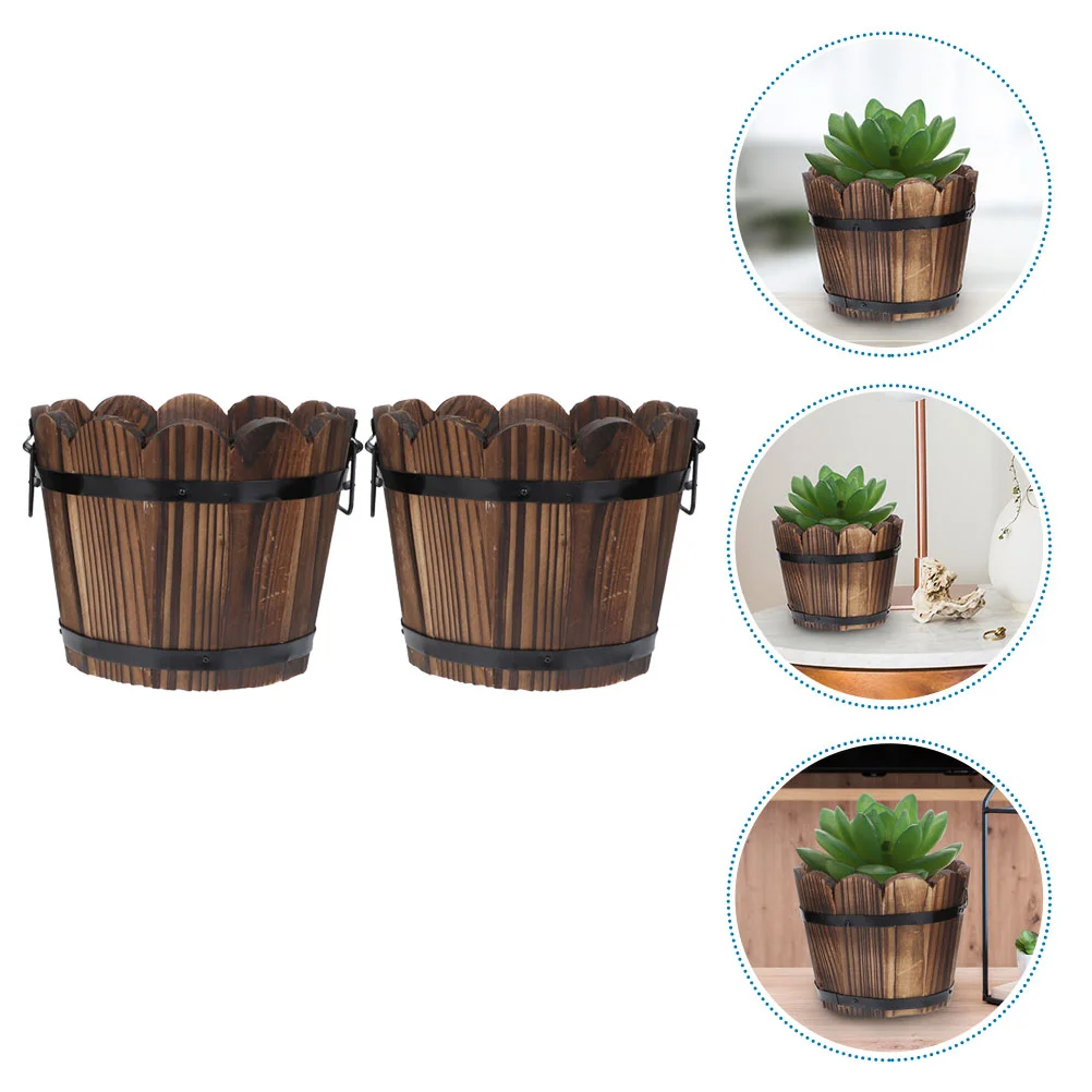 

2 Pcs Carbonized Wood Flowerpot Vegetable Whiskey Barrel Decor Potato Planting Pots Garden Home Vintage Holder