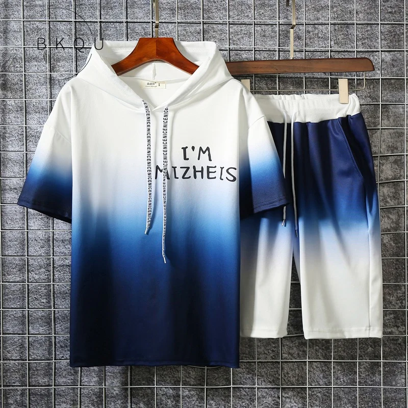 BKQU Brand gradient suit men's short sleeve T-shirt round collar T-shirt with short sleeves with mo clothes beach short trousers