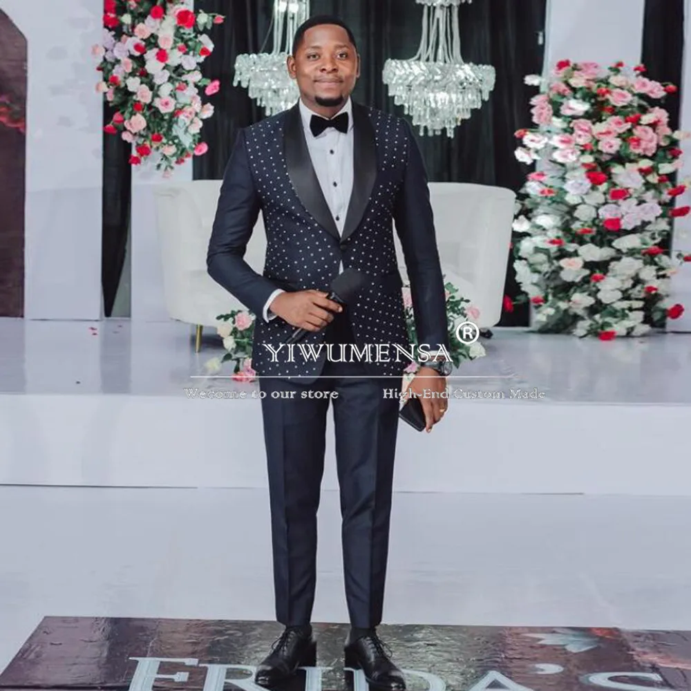 Роскошные темно-синие мужские костюмы для свадьбы блестящий жакет с бисером