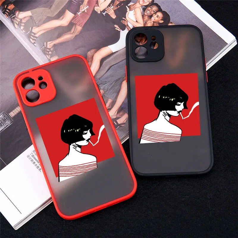 

Cool Smoke Girl Painting Phone Case For iPhone 12 11 13 Pro XR XS Max SE2020 7 8 6s Plus X Skin Crystal Hard Matte Cover Coque