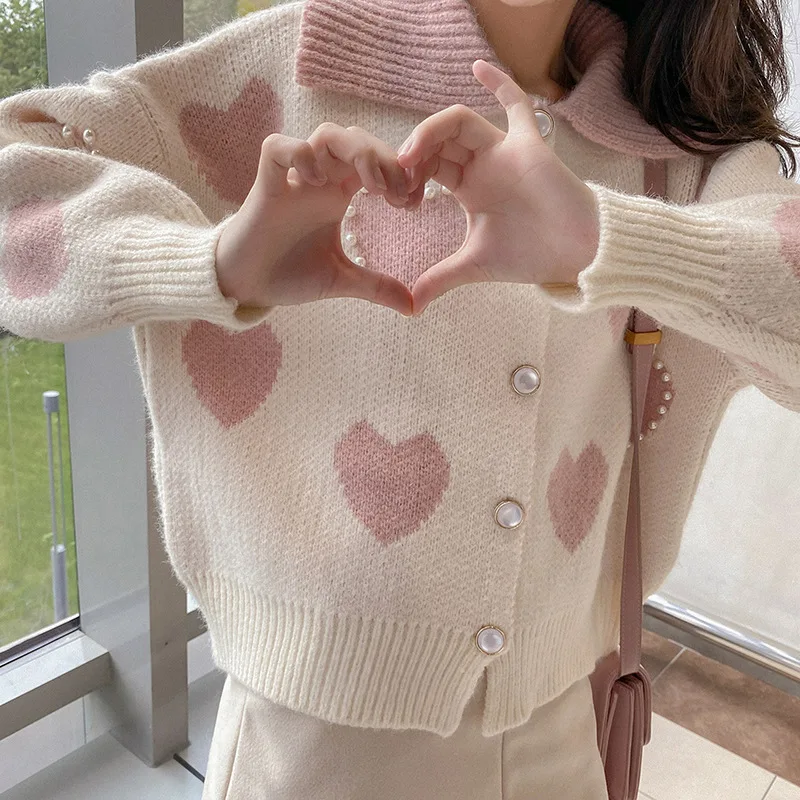 

Harajuku Sweet Pink Heart Sweater 2021 Knitted Coats Pin Beads Korean Fashion Sweaters New Autumn Cardigan Women Winter Knitted