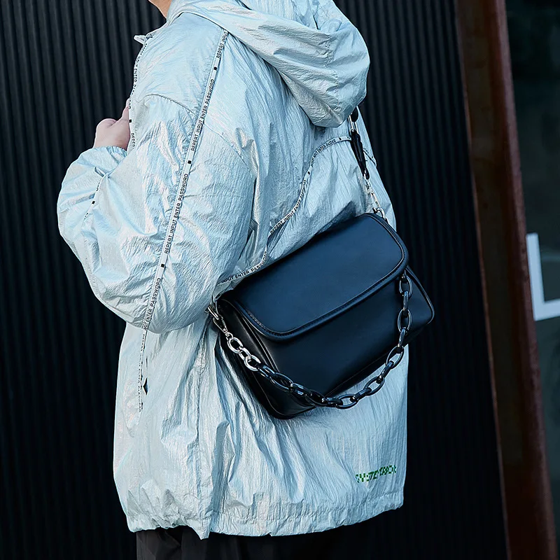 Men's Boys' Casual Leather Crossbody Bag Trend Chain Shoulder Sling Messenger Bag