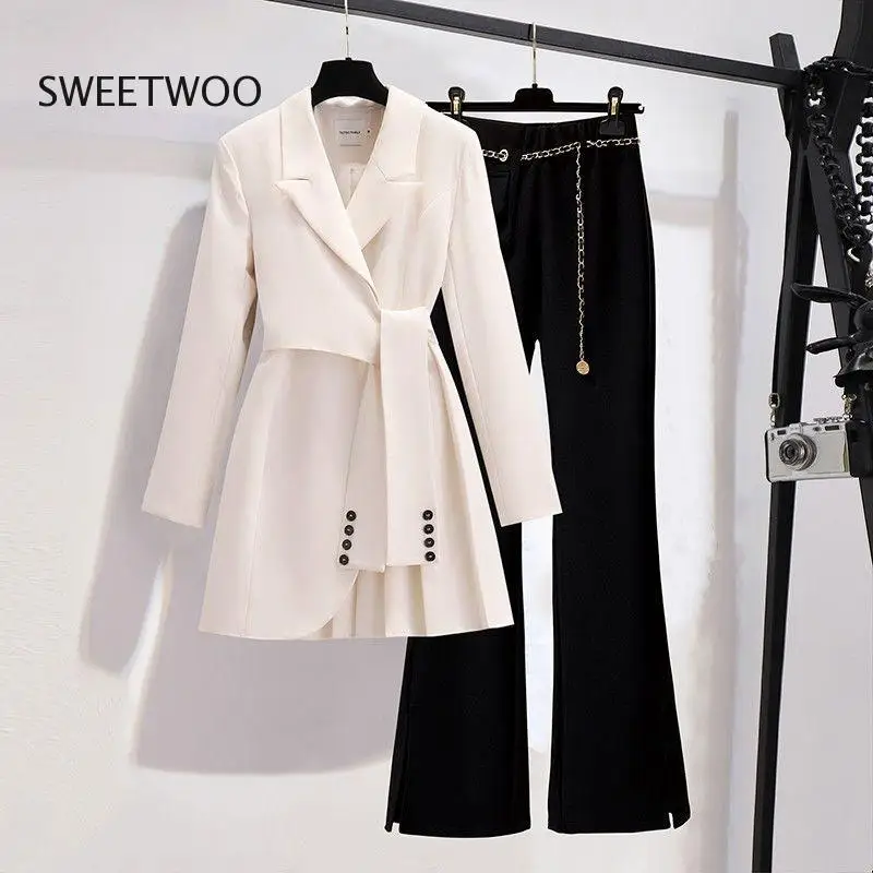 

2022 Autumn New Long Sleeved Trousers Lapel Leisure Suit Elegant Button Belt Decorative Women's Coat Pants Two-Piece Set Fashion