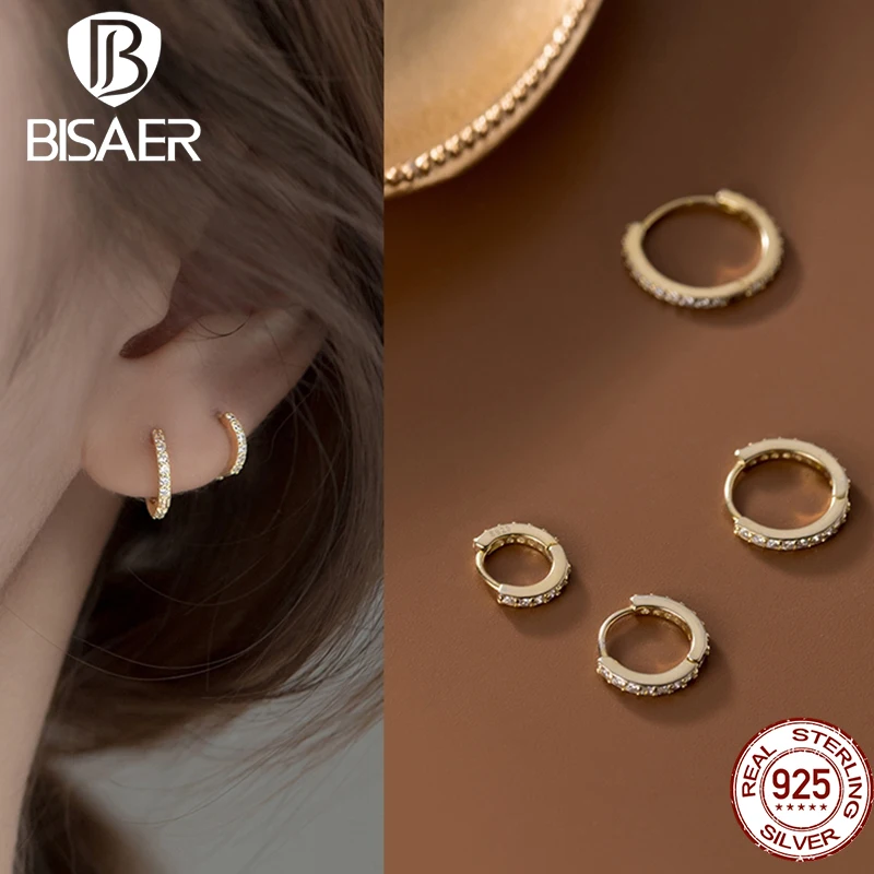 

BISAER Серьги-гвоздики из стерлингового серебра 925 пробы, 14-каратное золото, круглые серьги-каффы с кубическим цирконием, 3 цвета, изящные украш...