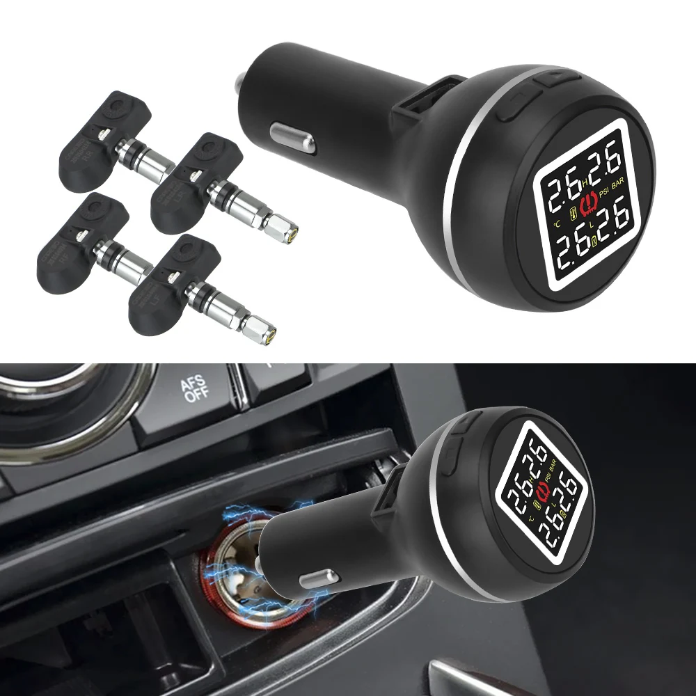 

Car Tire Pressure Monitoring System TPMS Cigarette Lighter Type Save Fuel High Temperature Alarm with 4 Internal Sensors
