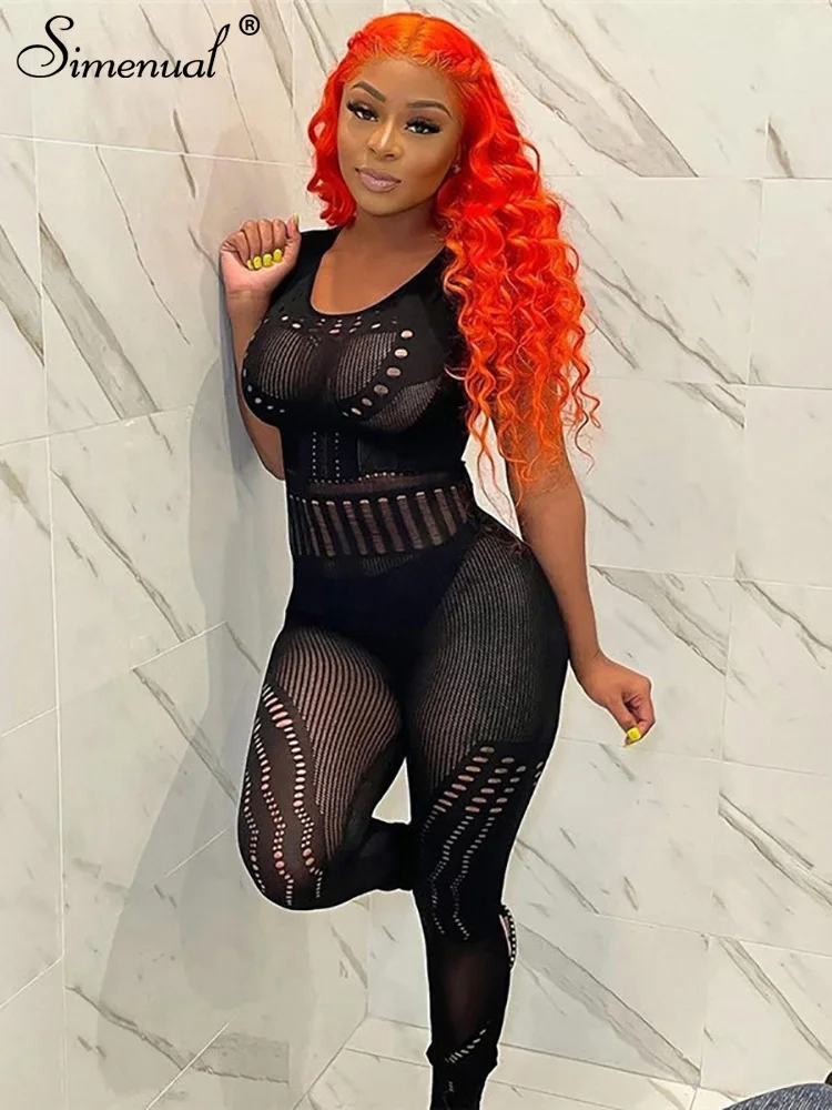 

Simenual Casual Pure Color Female Jumpsuit Sexy Hole Hollow Out Sleeveless Skinny Overalls One-pieces Fitness Streetwear Clothes