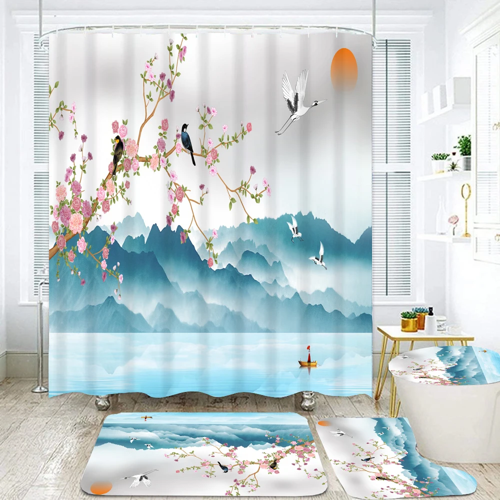 

Landscape Flower and Bird Waterproof Shower Curtain Set with 12 Hooks Toilet Covers Bath Mats Bathroom Non-slip Rug Carpet