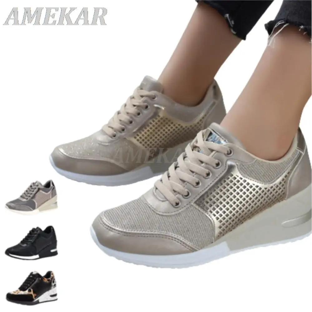 

Women's Height Increasing Sneakers Fashion Casual Platform Wedges Shoes Walking Jogging Sneaker Lady Sport Running Shoes Gold